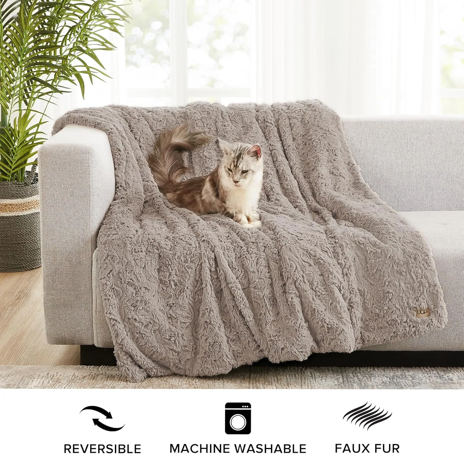 UGG Adalee Faux Fur Throw Blanket Luxury Lightweight Cozy Soft Throw for Couch Bed or Chair Hypoallergenic Machine Washable Double-Sided Fluffy Blanket Home Decor, 50-inch x 70-inch, Oyster Brown