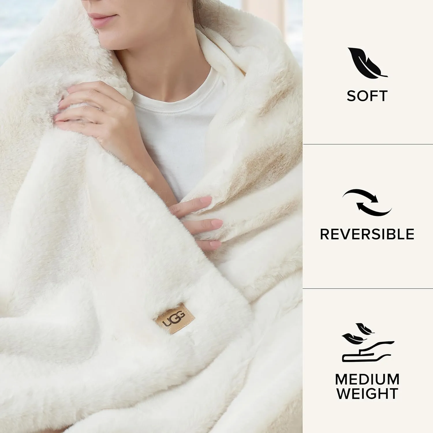 UGG Euphoria Plush Faux Fur Throw Blanket Medium Weight Reversible Luxury Soft Throw for Couch Bed or Chair Hypoallergenic Machine Washable Home Decor Fluffy Blanket, 50-inch x 70-inch, White Snow