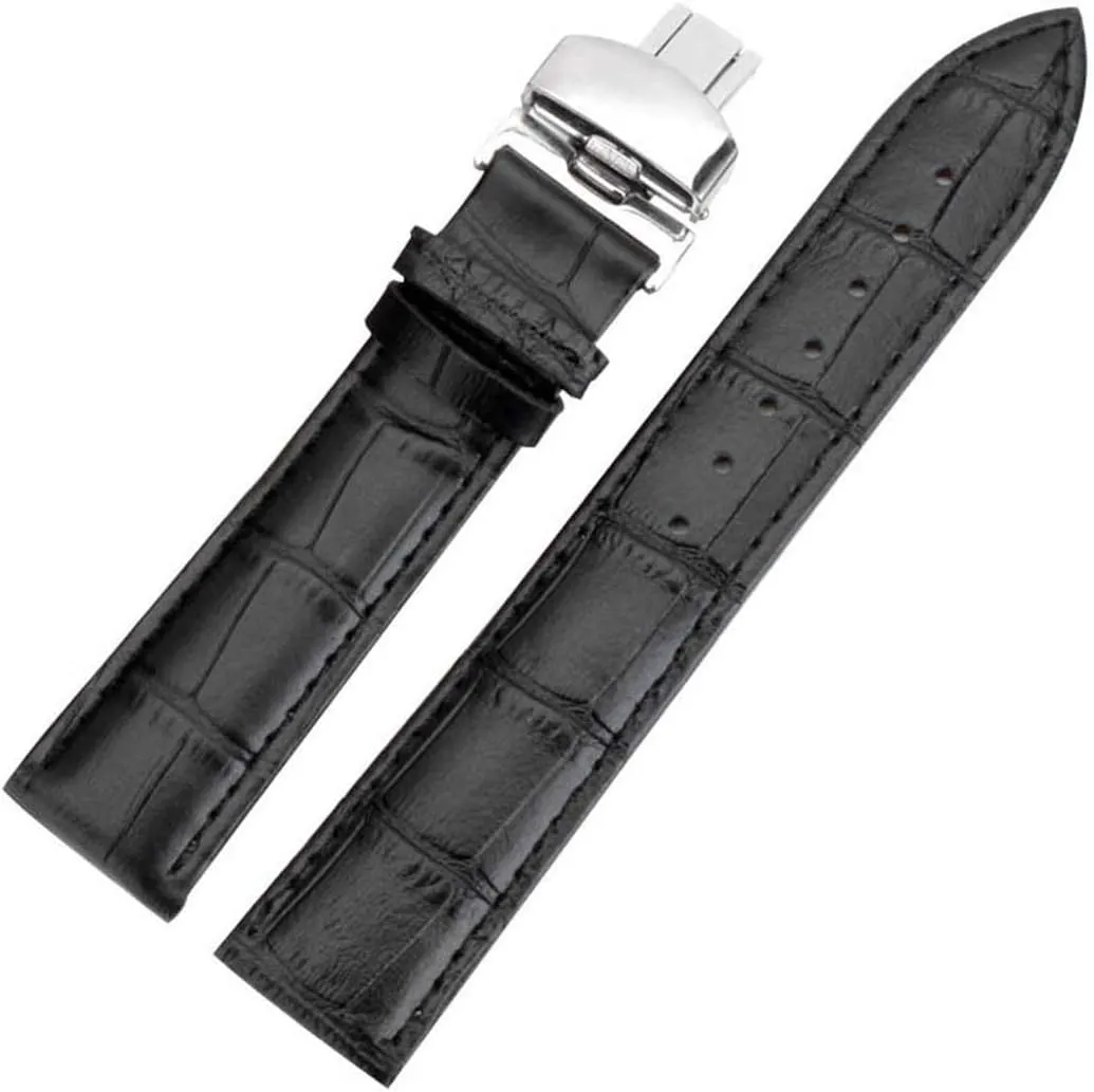 Universal Strap,18/24mm Women Men Watch Band Strap Butterfly Pattern Deployant Clasp Buckle Leather Watchband(Black,24mm)