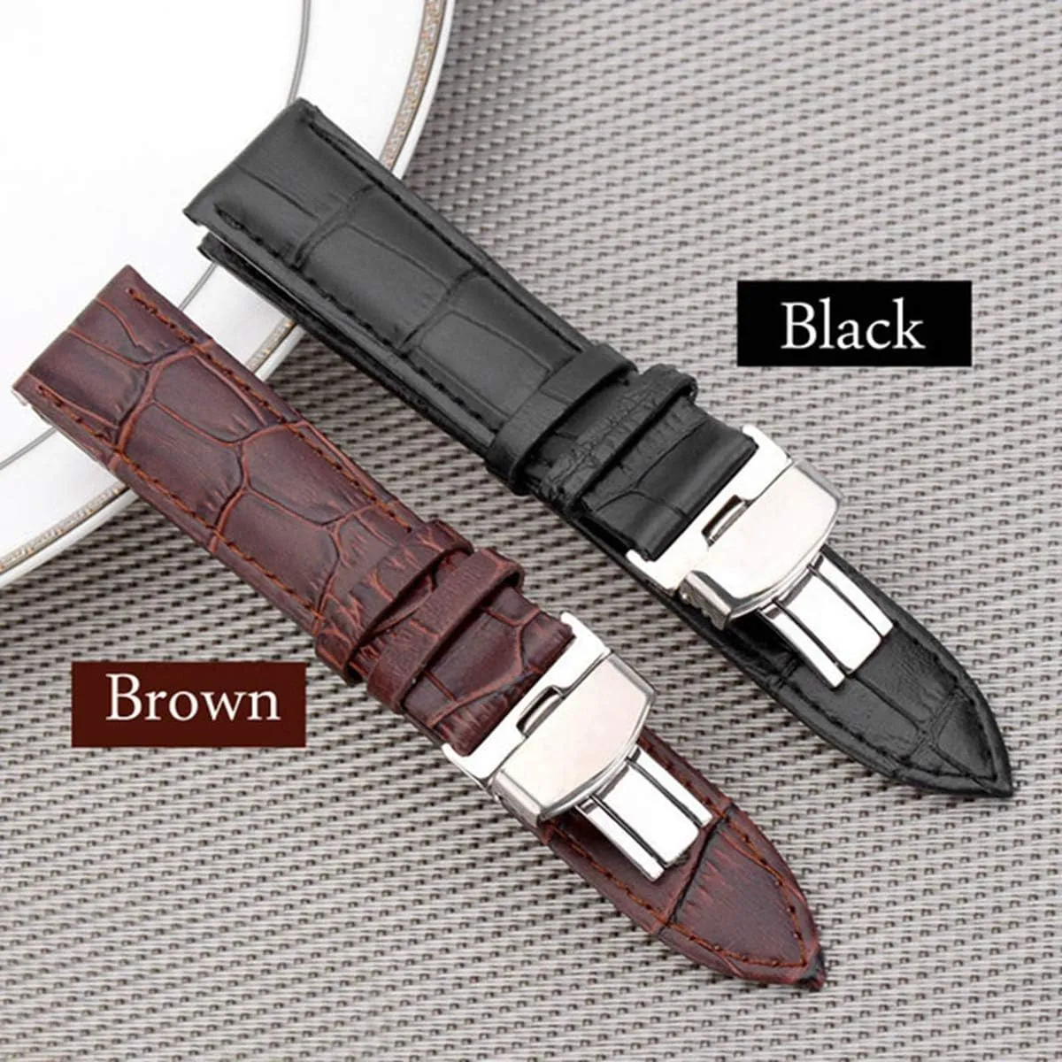 Universal Strap,18/24mm Women Men Watch Band Strap Butterfly Pattern Deployant Clasp Buckle Leather Watchband(Black,24mm)