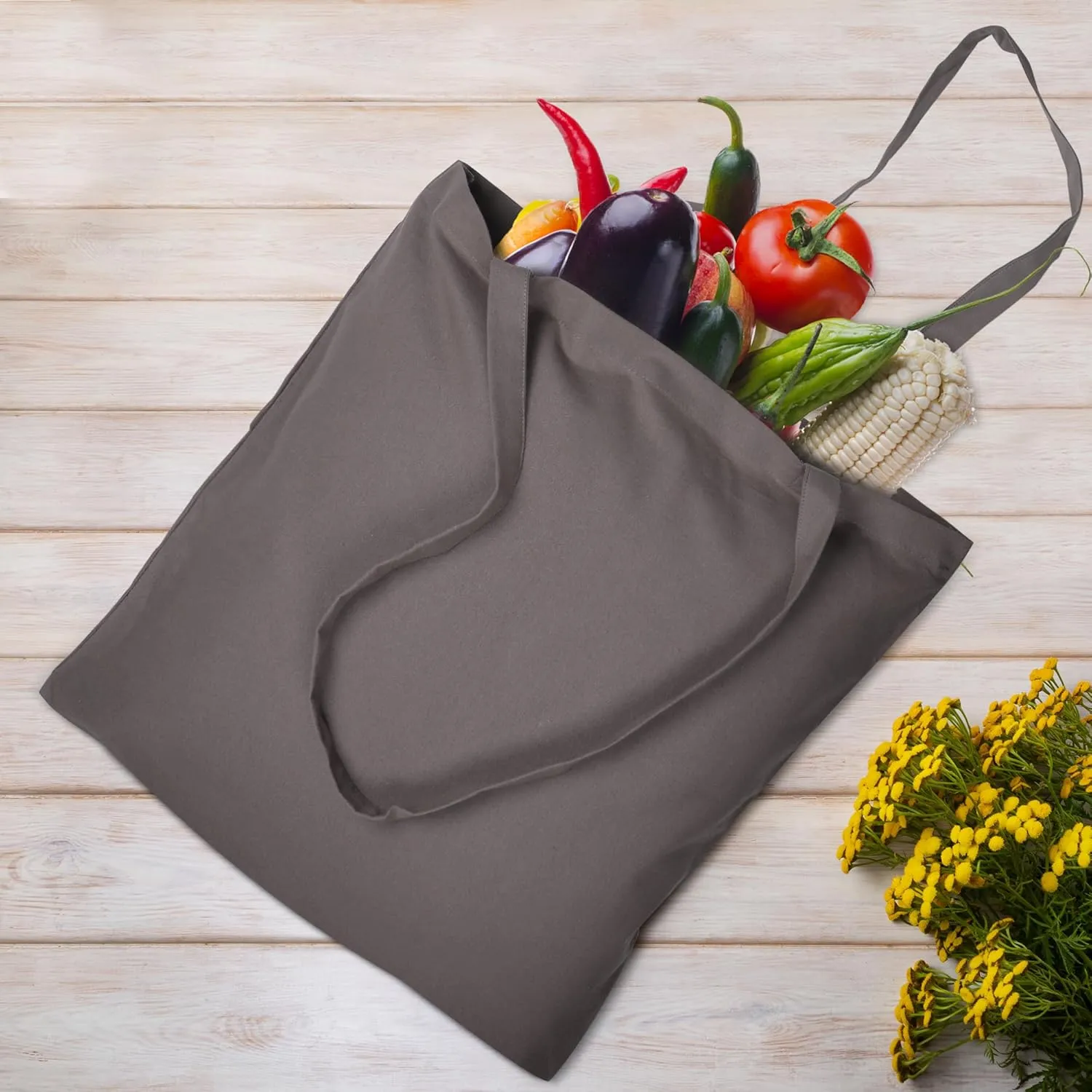 Urban Villa 24 Pack Reusable Grocery Bags 15’’x16’’ with 27’’ long Handle Grey Color 100% Cotton Tote Bags Medium Weight Grocery Shopping Cloth Bags Great Choice for Promotion Gift DIY Advertising