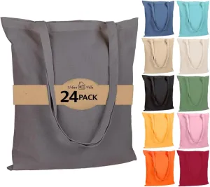 Urban Villa 24 Pack Reusable Grocery Bags 15’’x16’’ with 27’’ long Handle Grey Color 100% Cotton Tote Bags Medium Weight Grocery Shopping Cloth Bags Great Choice for Promotion Gift DIY Advertising