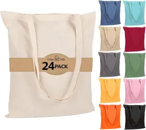 Urban Villa 24 Pack Reusable Grocery Bags 15’’x16’’ with 27’’ long Handle Natural Color 100% Cotton Tote Bags Medium Weight Grocery Shopping Cloth Bags Great Choice for Promotion Gift DIY Advertising