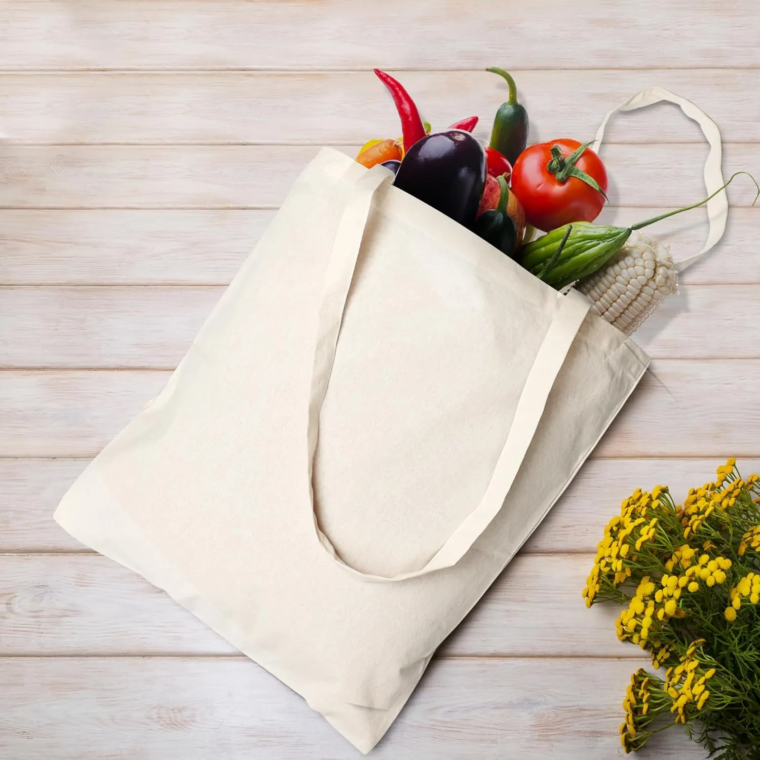 Urban Villa 24 Pack Reusable Grocery Bags 15’’x16’’ with 27’’ long Handle Natural Color 100% Cotton Tote Bags Medium Weight Grocery Shopping Cloth Bags Great Choice for Promotion Gift DIY Advertising