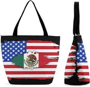 U.S. And Mexico Friendship Flags Womens Tote Bag Purse with Zippered Shoulder Handbags For Work
