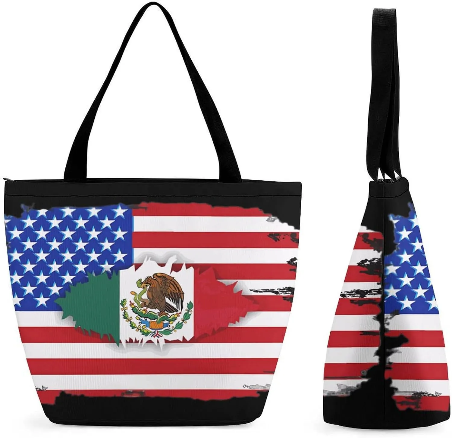 U.S. And Mexico Friendship Flags Womens Tote Bag Purse with Zippered Shoulder Handbags For Work