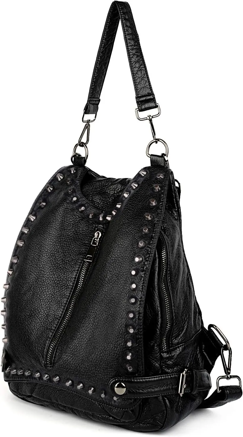 UTO Women Backpack Purse PU Washed Leather Rivet Studded Convertible Ladies Rucksack Shoulder Bag