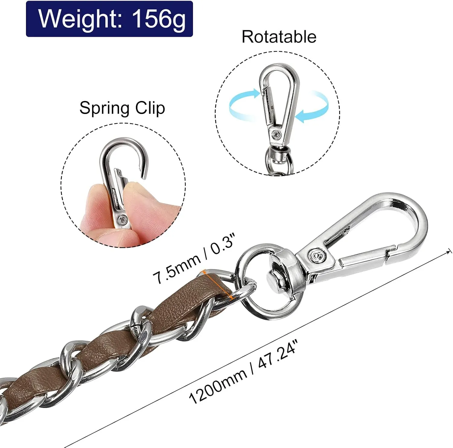 uxcell Purse Chain Strap, 47 Inch Leather Iron Chain Strap Adjustable Handbag Chains Cross Body Replacement for Wallets Clutch Bags Deep Brown/Silver Tone