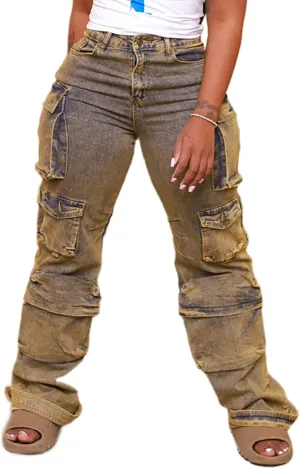 Vaceky Denim Baggy Jeans Women Straight Leg Y2K Distressed Cargo Joggers with Pockets