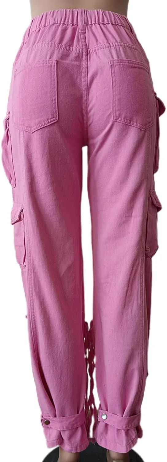 Vaceky Denim Baggy Jeans Women Straight Leg Y2K Distressed Cargo Joggers with Pockets