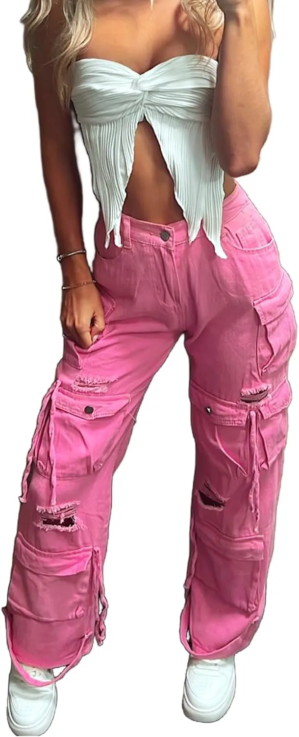 Vaceky Denim Baggy Jeans Women Straight Leg Y2K Distressed Cargo Joggers with Pockets