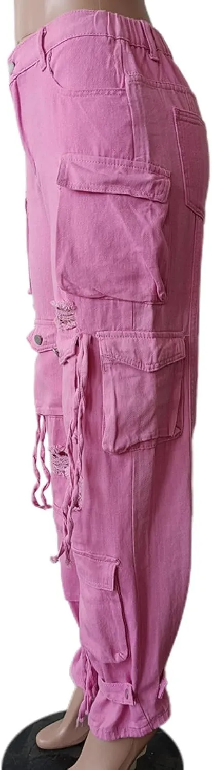 Vaceky Denim Baggy Jeans Women Straight Leg Y2K Distressed Cargo Joggers with Pockets