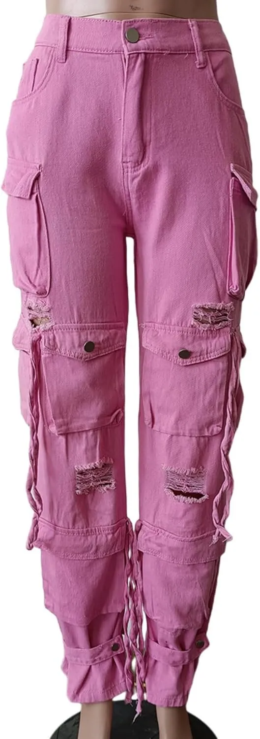 Vaceky Denim Baggy Jeans Women Straight Leg Y2K Distressed Cargo Joggers with Pockets
