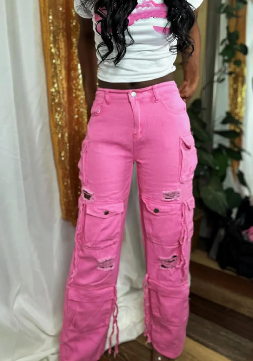 Vaceky Denim Baggy Jeans Women Straight Leg Y2K Distressed Cargo Joggers with Pockets