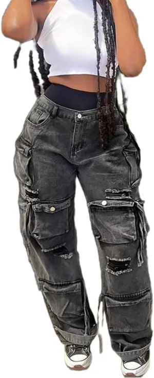 Vaceky Denim Baggy Jeans Women Straight Leg Y2K Distressed Cargo Joggers with Pockets