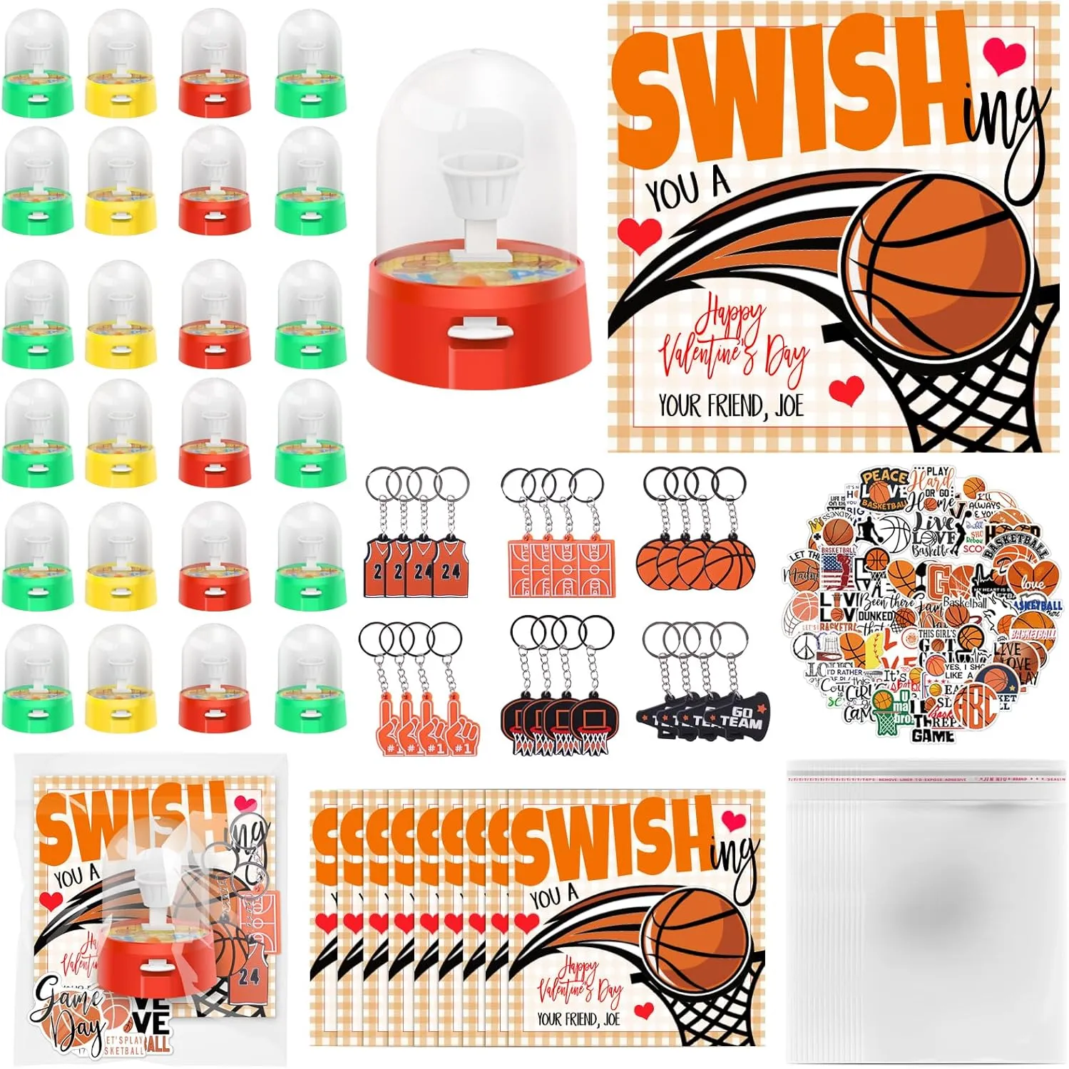 Valentine's Day Gifts 24 Pack Mini Finger Basketball Shooting Game Basketball Keychains Basketball Stickers Basketball Party Favors Classroom Rewards Carnival Prizes Party Supplies for Kids