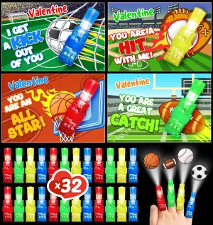 Valentines Day Gifts Cards for Kids, 32 Pcs Finger Lights with Valentine Greeting Cards, Light Up Bulk Toys for Boys and Girls, School Classroom Gift Exchange Prize for Kids Valentine Party Favors