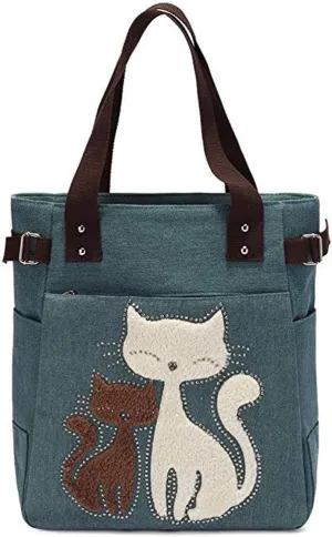Valentoria Canvas Tote Handbag for Women Cute Cat Embroidery Shoulder Purse Large Zipper Travel Work Shopping Grocery Bags