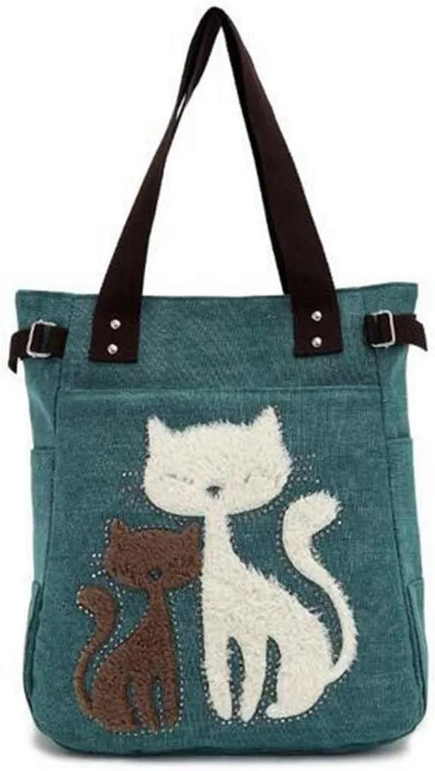 Valentoria Canvas Tote Handbag for Women Cute Cat Embroidery Shoulder Purse Large Zipper Travel Work Shopping Grocery Bags