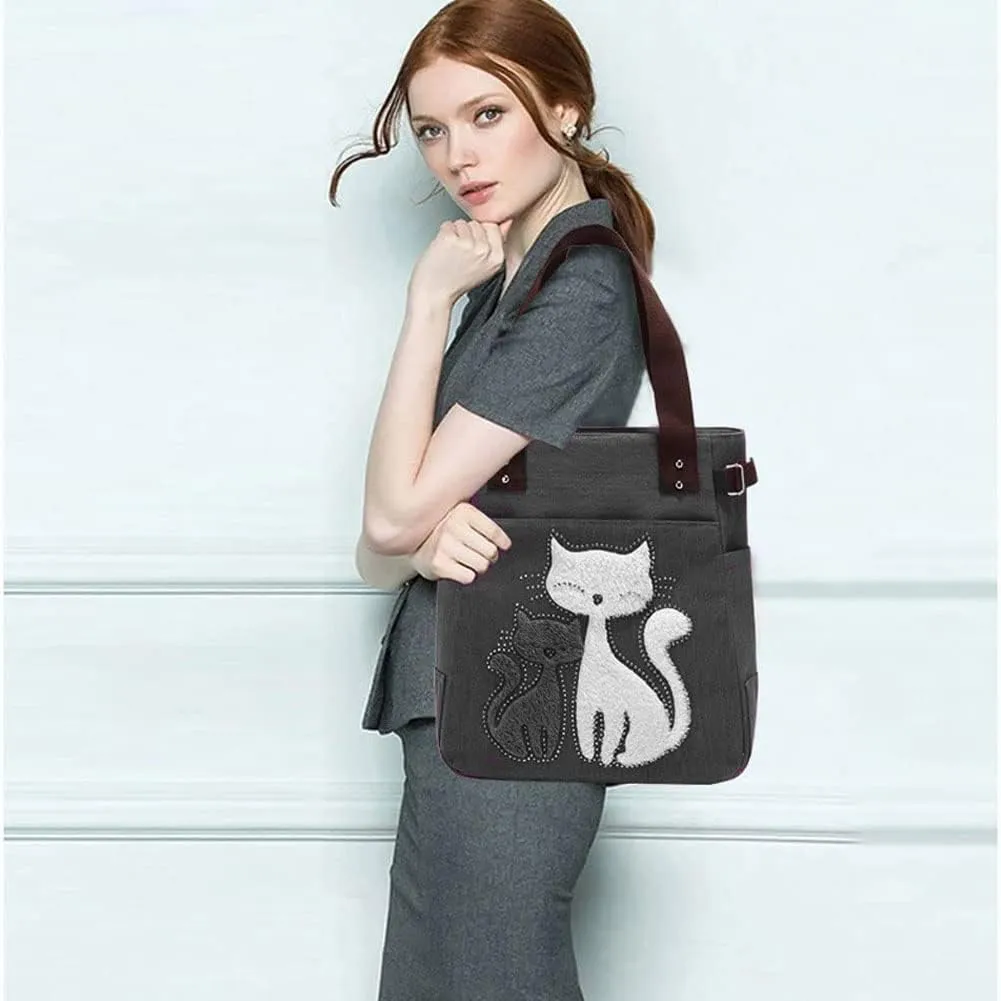 Valentoria Canvas Tote Handbag for Women Cute Cat Embroidery Shoulder Purse Large Zipper Travel Work Shopping Grocery Bags