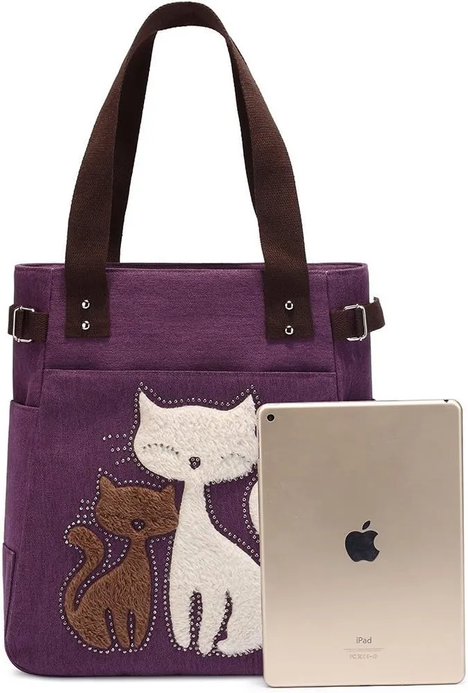 Valentoria Canvas Tote Handbag for Women Cute Cat Embroidery Shoulder Purse Large Zipper Travel Work Shopping Grocery Bags