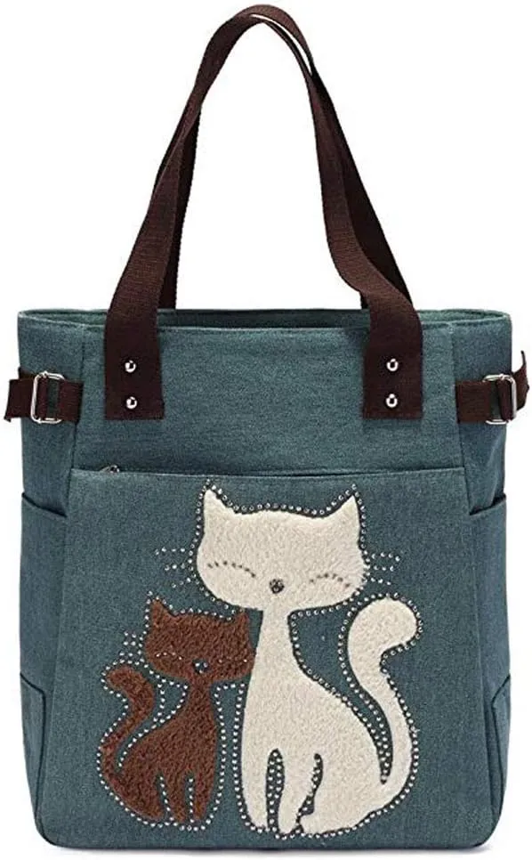 Valentoria Canvas Tote Handbag for Women Cute Cat Embroidery Shoulder Purse Large Zipper Travel Work Shopping Grocery Bags