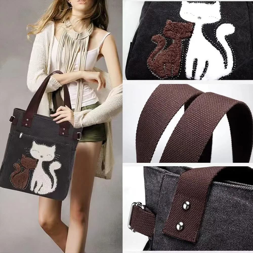 Valentoria Canvas Tote Handbag for Women Cute Cat Embroidery Shoulder Purse Large Zipper Travel Work Shopping Grocery Bags