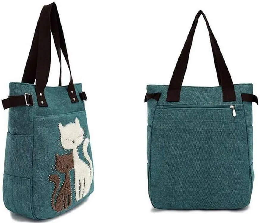 Valentoria Canvas Tote Handbag for Women Cute Cat Embroidery Shoulder Purse Large Zipper Travel Work Shopping Grocery Bags