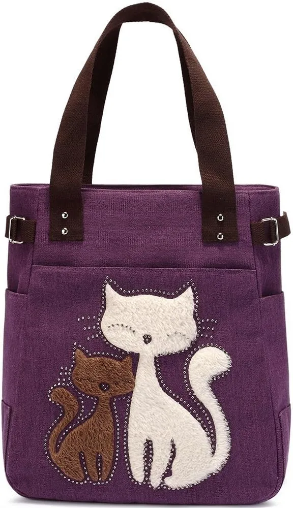 Valentoria Canvas Tote Handbag for Women Cute Cat Embroidery Shoulder Purse Large Zipper Travel Work Shopping Grocery Bags