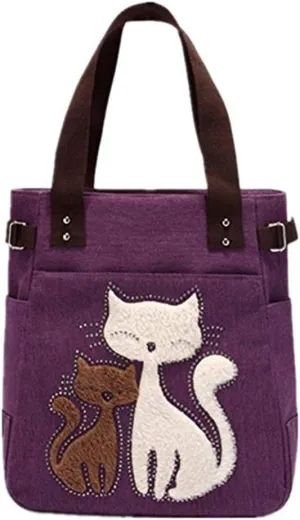 Valentoria Canvas Tote Handbag for Women Cute Cat Embroidery Shoulder Purse Large Zipper Travel Work Shopping Grocery Bags