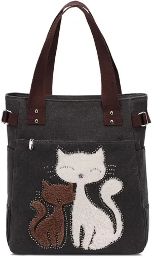 Valentoria Canvas Tote Handbag for Women Cute Cat Embroidery Shoulder Purse Large Zipper Travel Work Shopping Grocery Bags