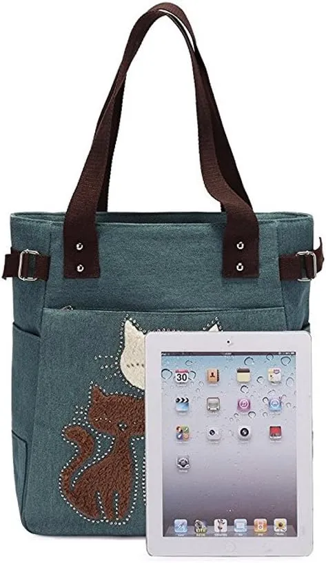 Valentoria Canvas Tote Handbag for Women Cute Cat Embroidery Shoulder Purse Large Zipper Travel Work Shopping Grocery Bags