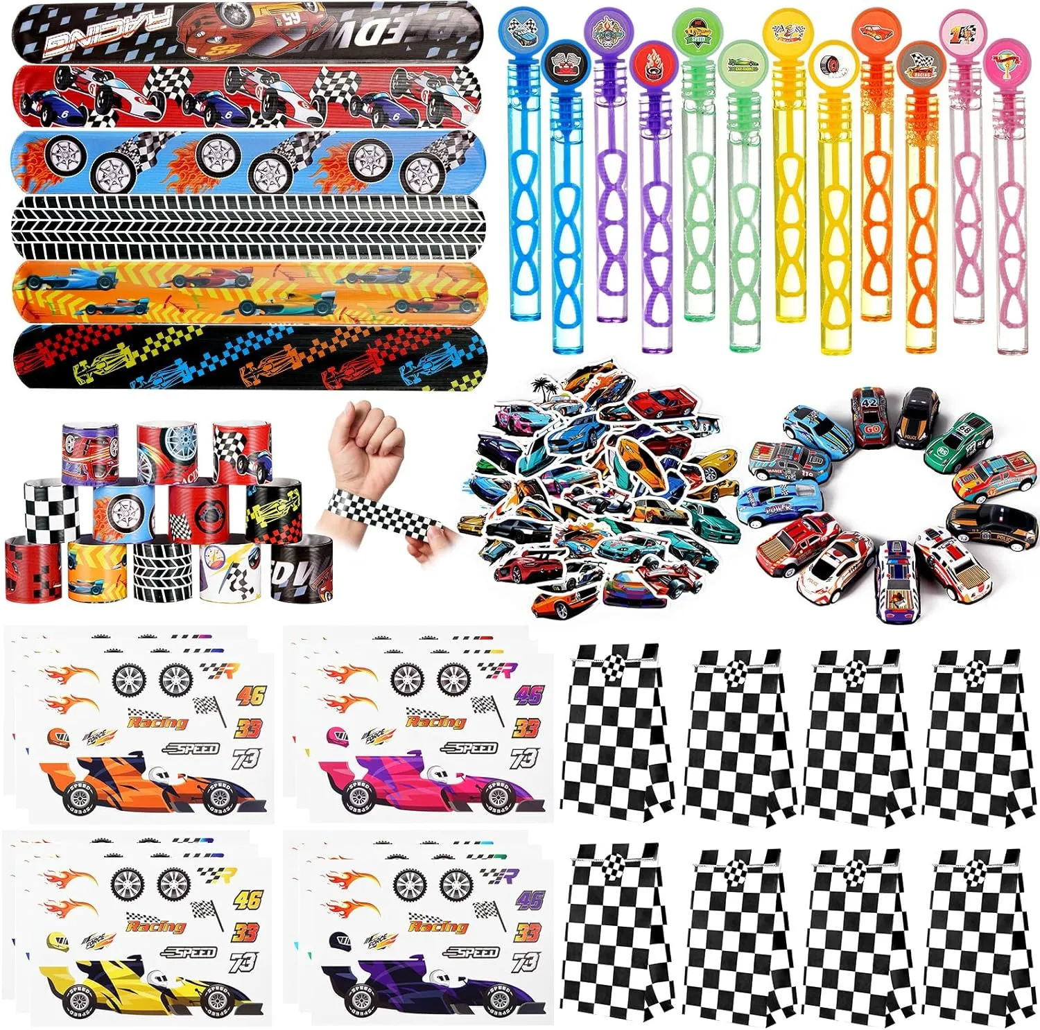 Vanblue 110Pcs Race Car Party Favors Themed Birthday Decorations Supplies Straw Bubble Slap Bracelet DIY Sticker Toy Gift for Boy Kids Treat Candy Bags Stuffers Classroom Rewards