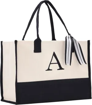 VANESSA ROSELLA Personalized Gift Monogram Initial 100% Cotton Two Tone Chic Tote Bag with Customize Option - Black