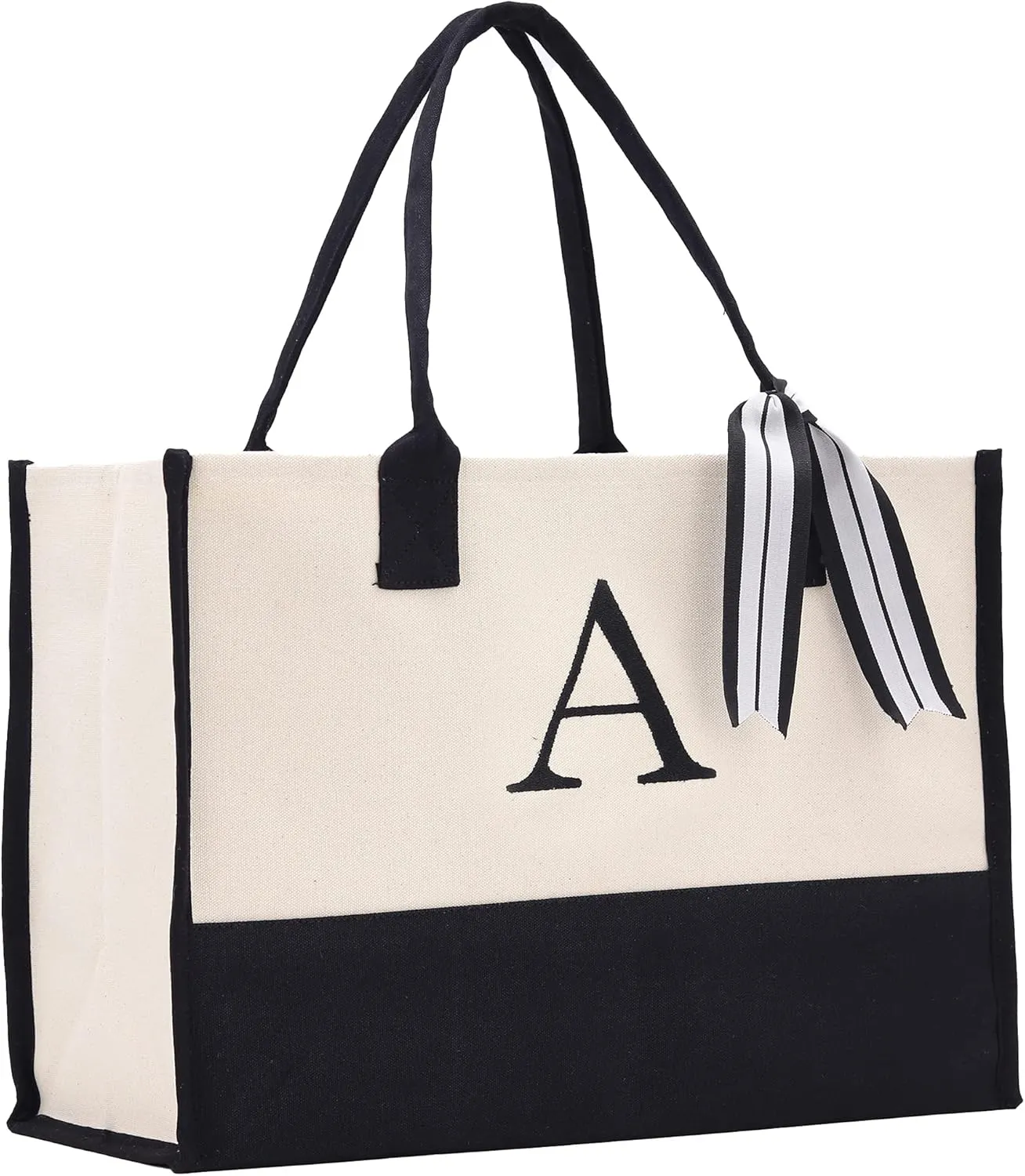 VANESSA ROSELLA Personalized Gift Monogram Initial 100% Cotton Two Tone Chic Tote Bag with Customize Option - Black