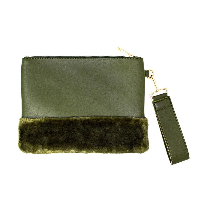 Vegan Faux Fur Trim Clutch Wristlet Bag Evening Bag