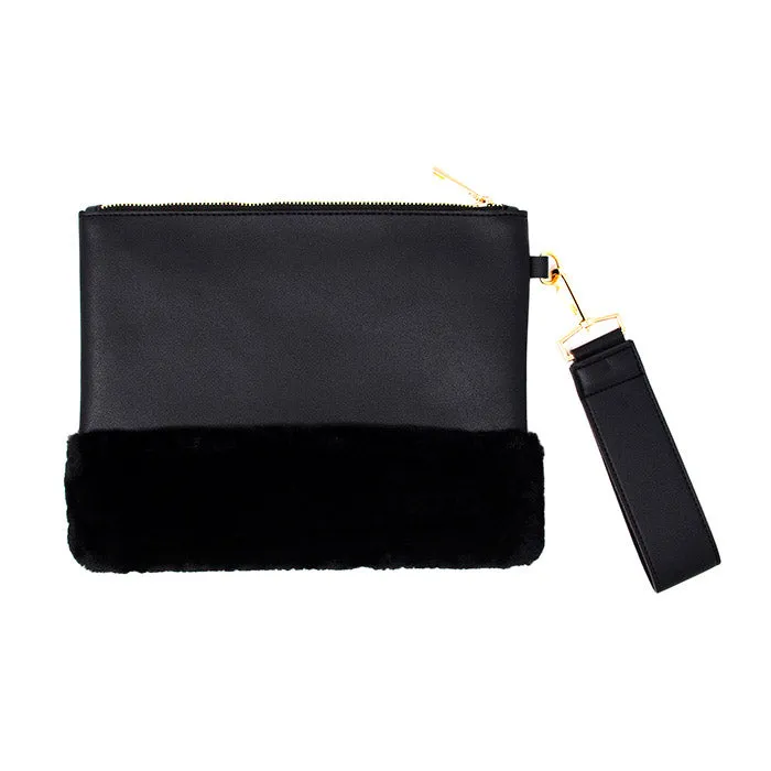 Vegan Faux Fur Trim Clutch Wristlet Bag Evening Bag