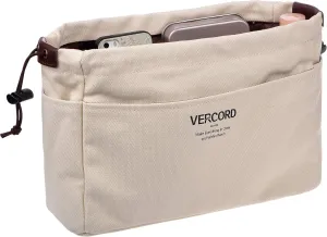 Vercord Canvas Handbag Organizers, Sturdy Purse Insert Organizer Bag in Bag, 10 Pockets Color Beige Large