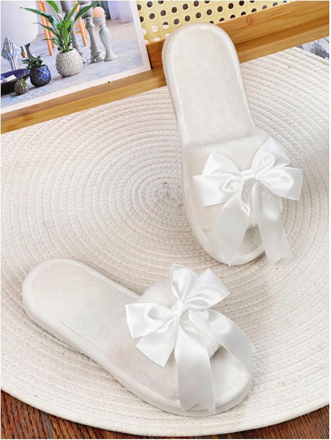 Verdusa Women's 3D Bow Plush Fuzzy Slippers Open Toe Warm Indoor Bride Wedding Slippers