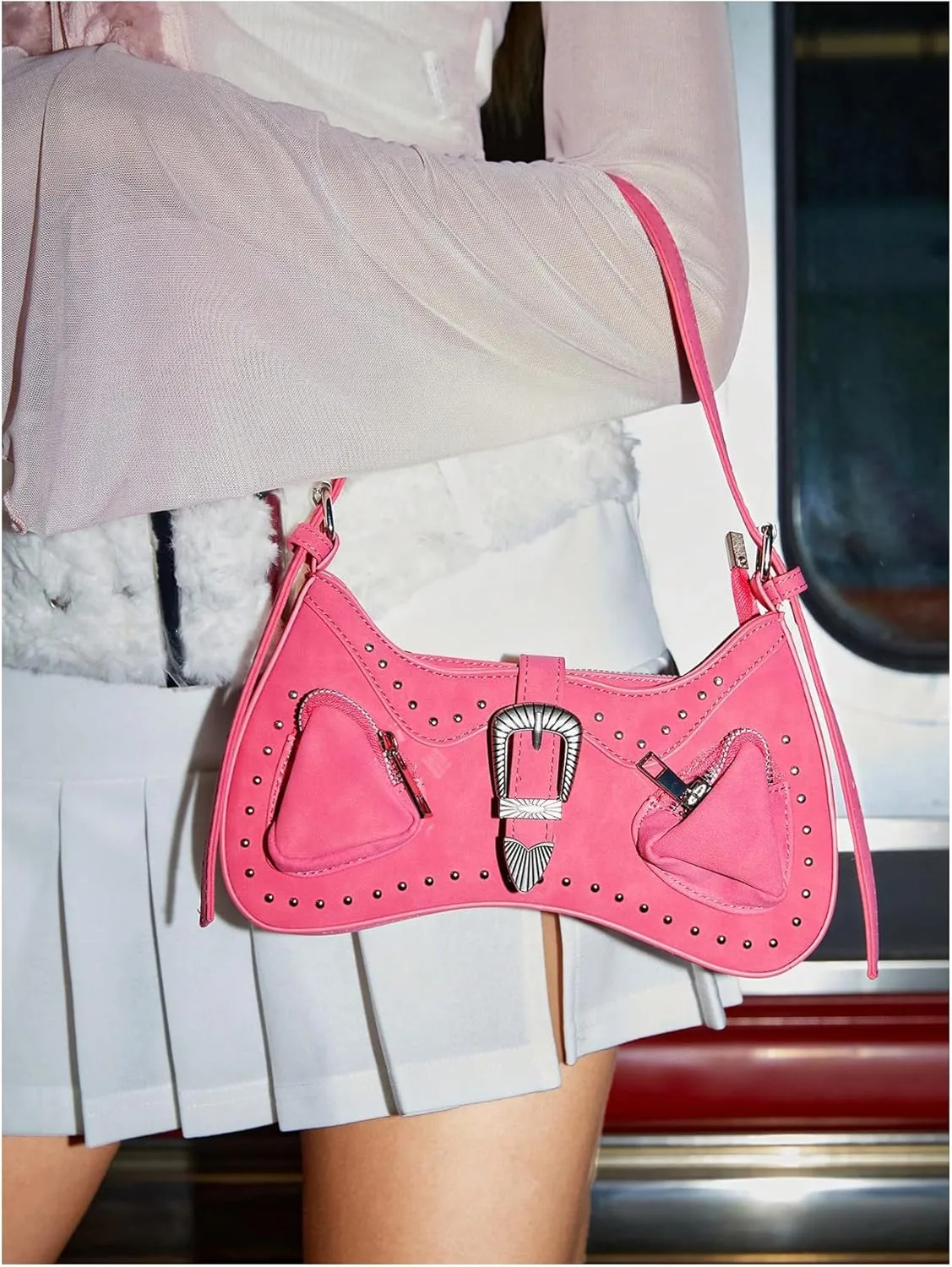 Verdusa Women's Punk Studded PU Leather Handbags Vintage Shoulder Bag Top Handle Underarm Bag