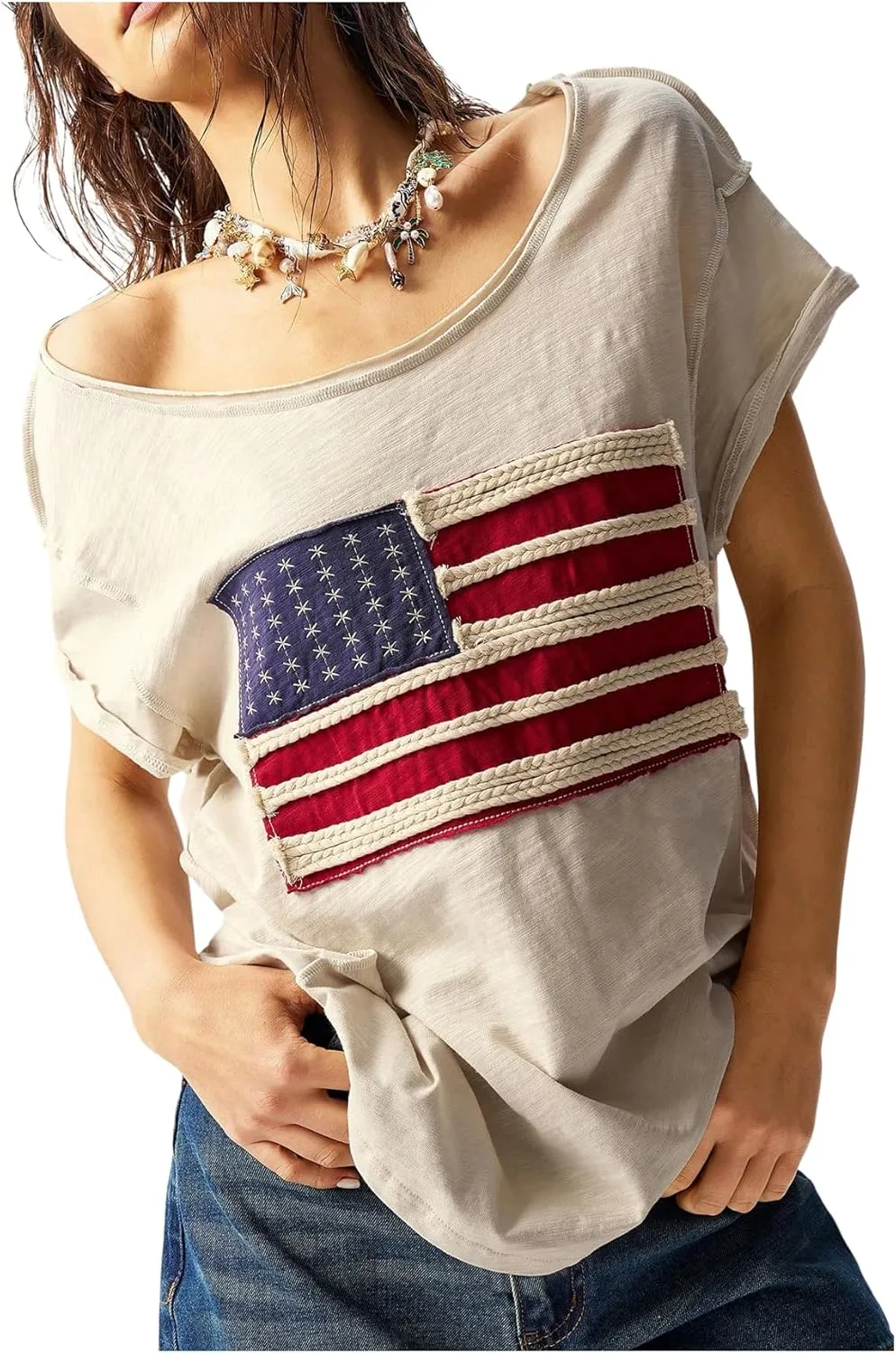 Verdusa Women's Retro Vintage American Flag T Shirt Short Sleeve Boat Neck Loose Casual Tees