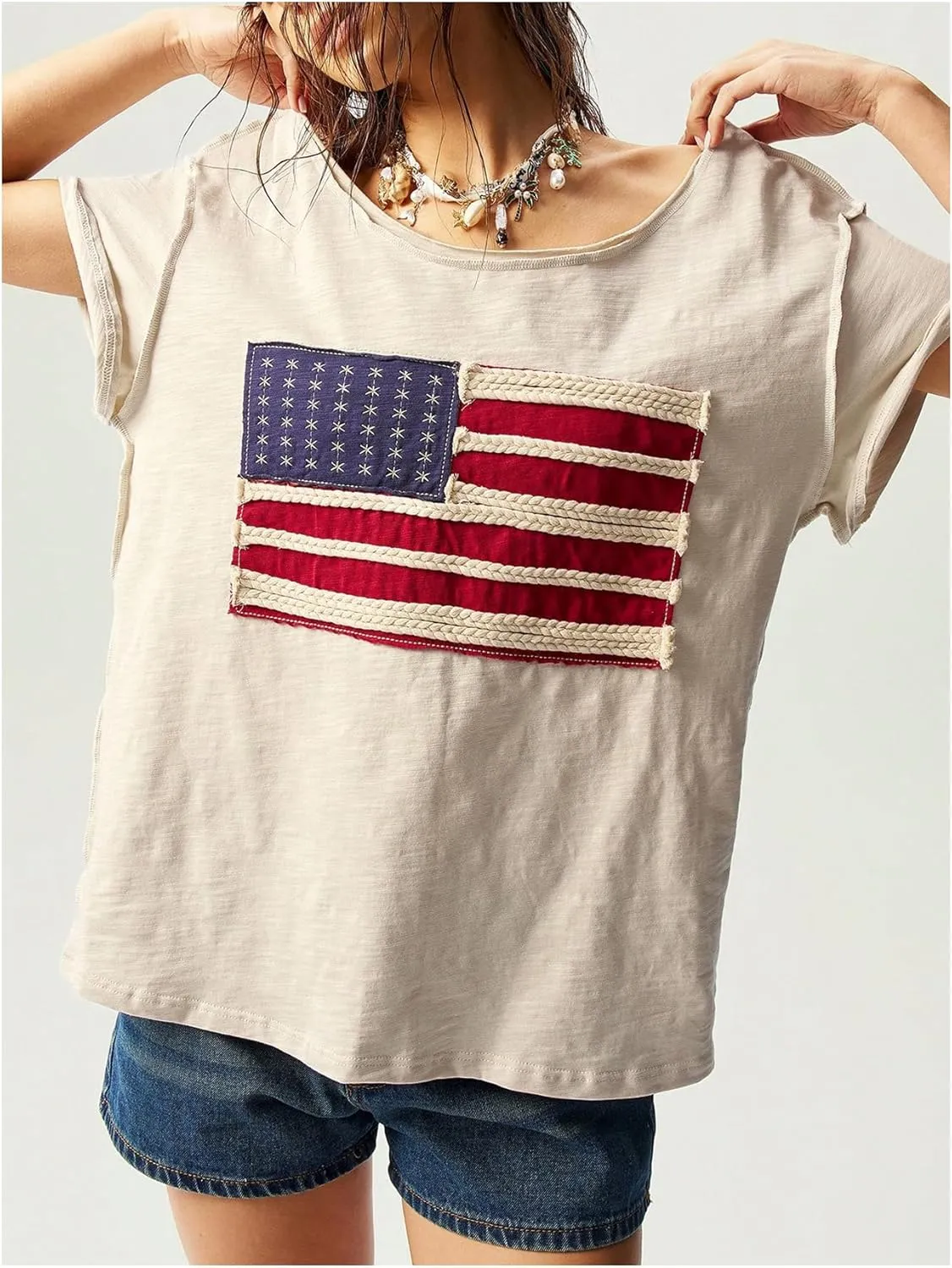 Verdusa Women's Retro Vintage American Flag T Shirt Short Sleeve Boat Neck Loose Casual Tees