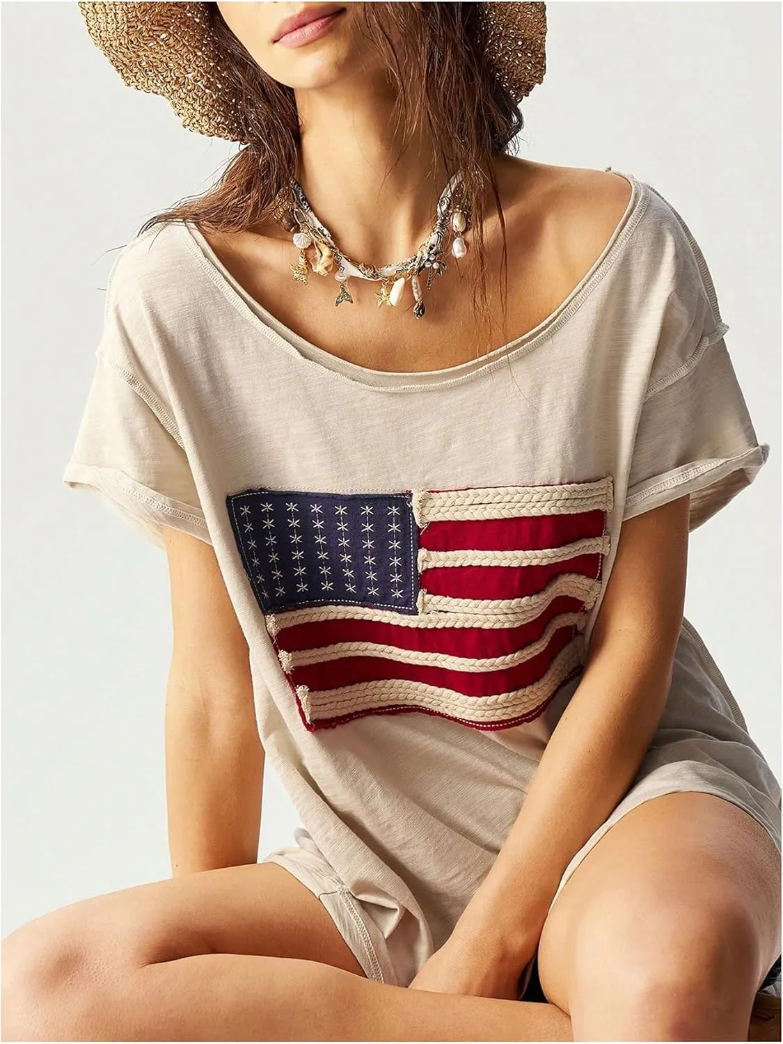 Verdusa Women's Retro Vintage American Flag T Shirt Short Sleeve Boat Neck Loose Casual Tees