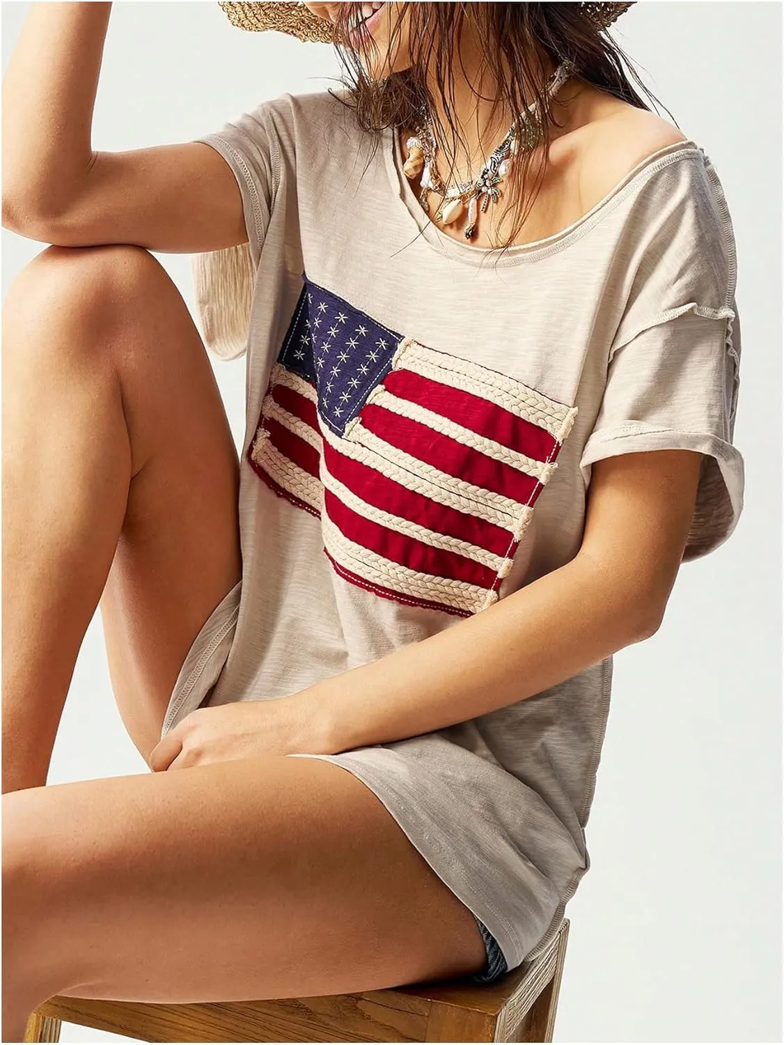 Verdusa Women's Retro Vintage American Flag T Shirt Short Sleeve Boat Neck Loose Casual Tees