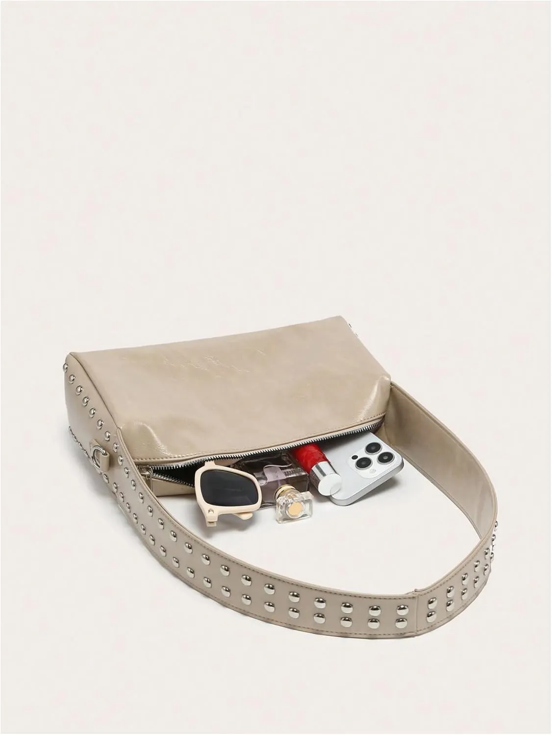 Verdusa Women's Rivert Decor PU Leather Shoulder Bag Studded Zipper Square Bag