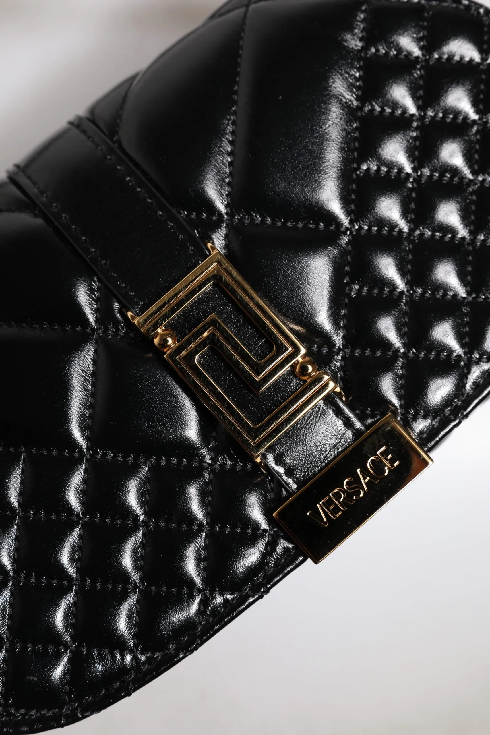 Versace Black Leather Calf Quilted Shoulder Strap Bag