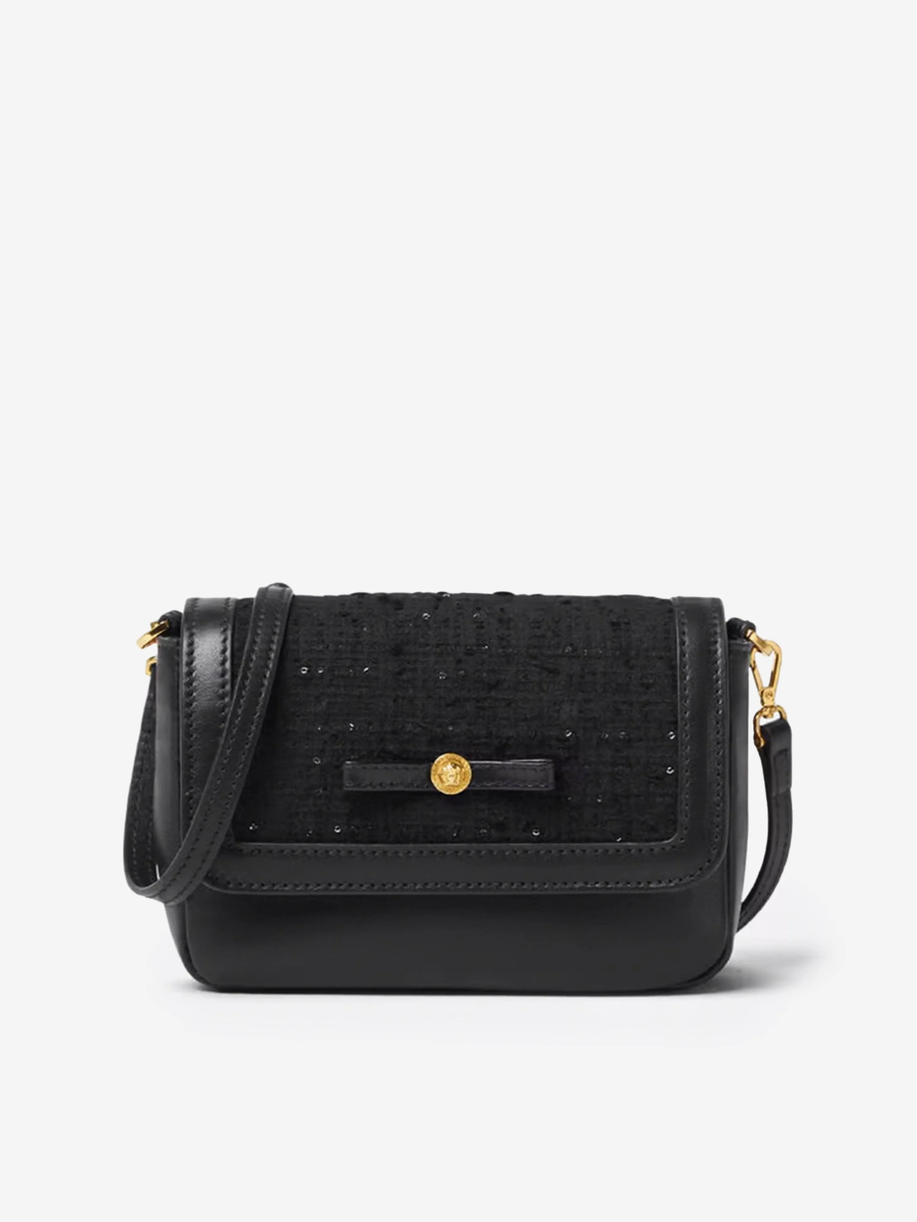 Versace Girls Leather and Tweed Shoulder Bag in Black