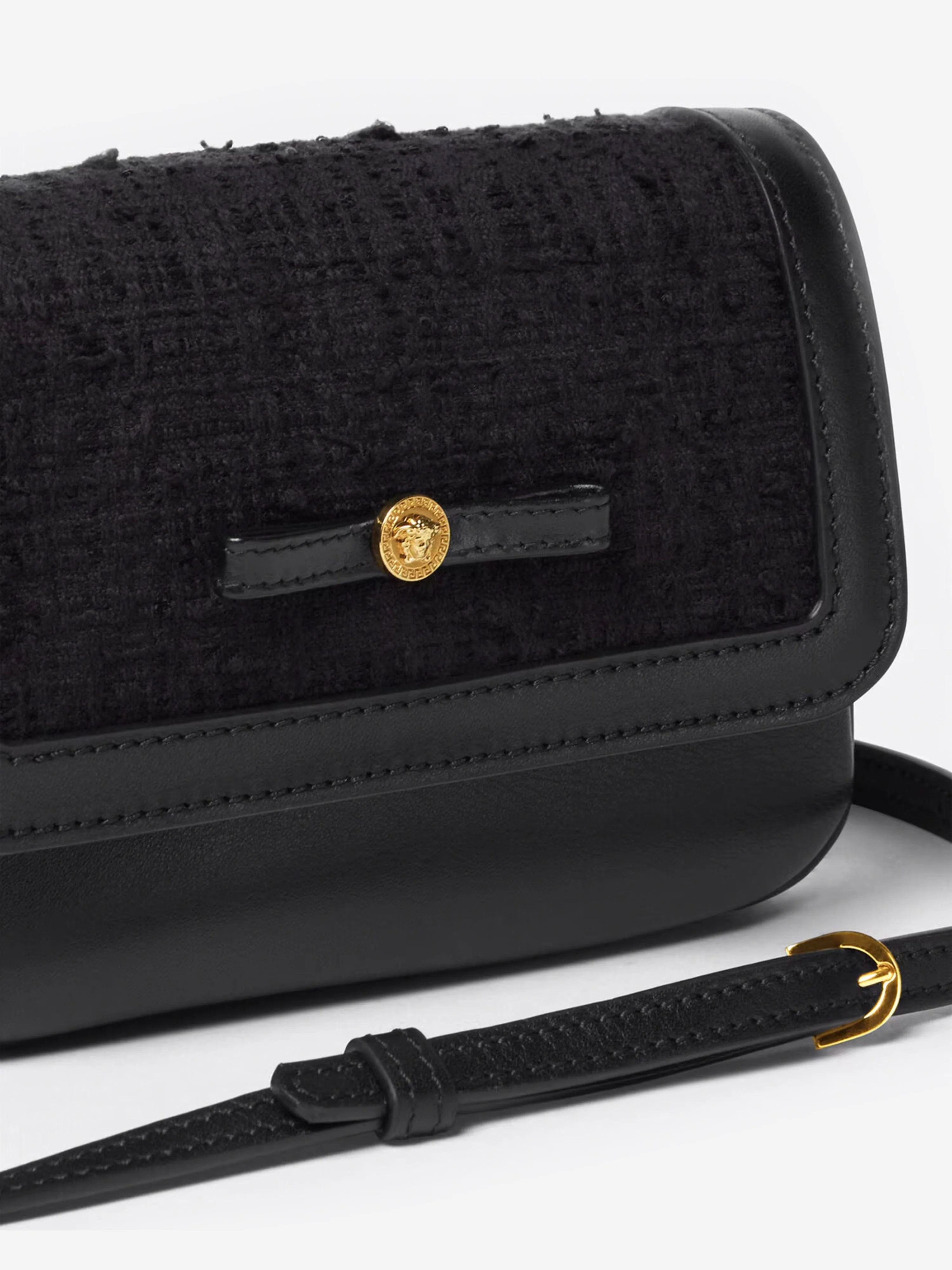 Versace Girls Leather and Tweed Shoulder Bag in Black