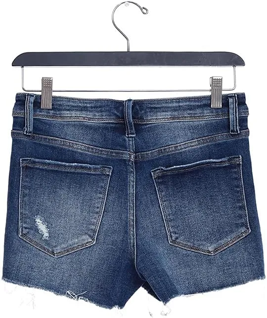 VERVET by Flying Monkey Frayed Hem Distressed Medium Blue Denim Shorts Mid-Rise