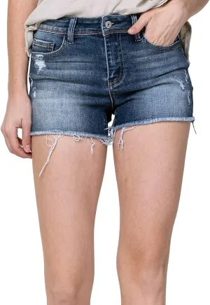 VERVET by Flying Monkey Frayed Hem Distressed Medium Blue Denim Shorts Mid-Rise